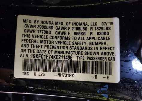 2019 Honda Civic Ex-L из США, поврежденный, VIN 19XFC1F74KE211496